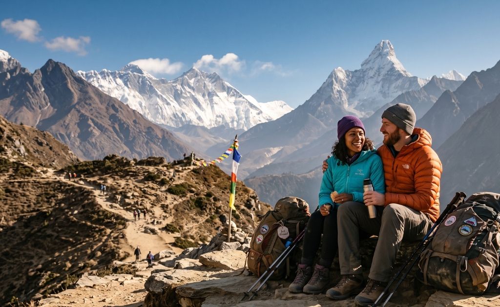 Un couple profitant d'un voyage inoubliable sur le sentier du Camp de Base de l'Everest, entouré de paysages himalayens à couper le souffle