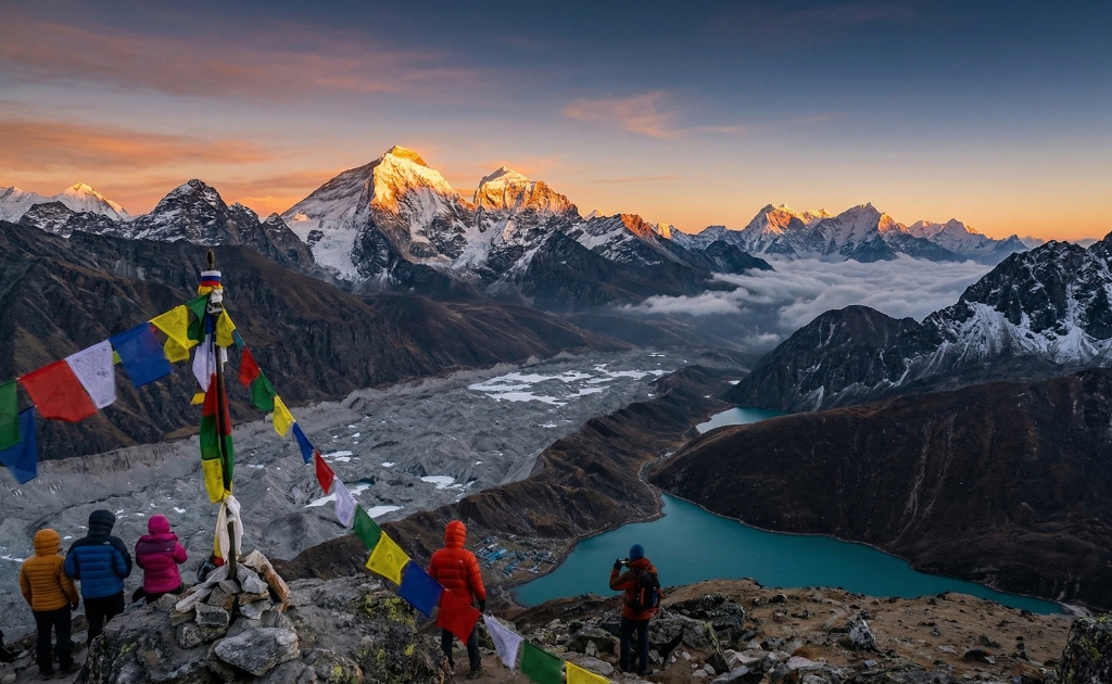Lever de soleil sur l'Everest et les lacs turquoise de Gokyo depuis Gokyo Ri